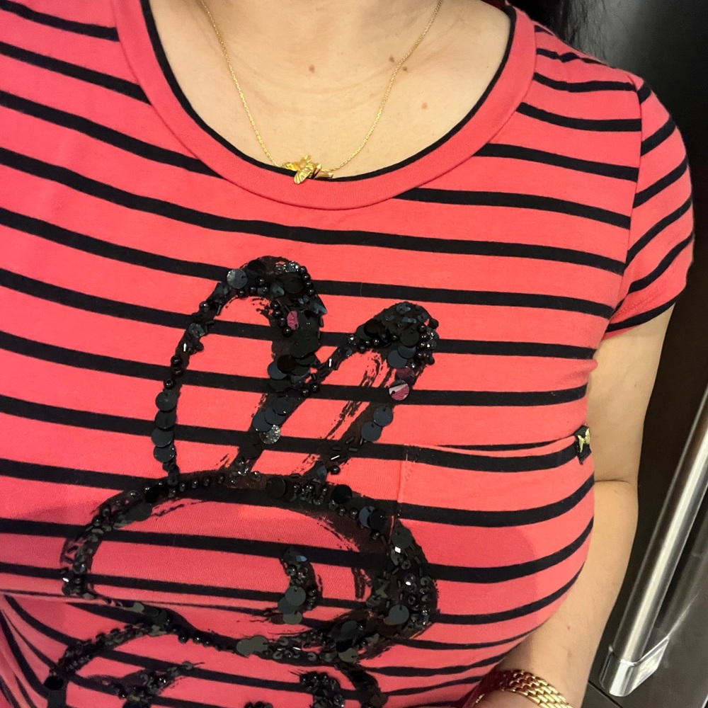 Ochirly Sequin Bunny Rabbit Stripe Top T Shirt Silhouette Pocket Kawaii Pop Bear
